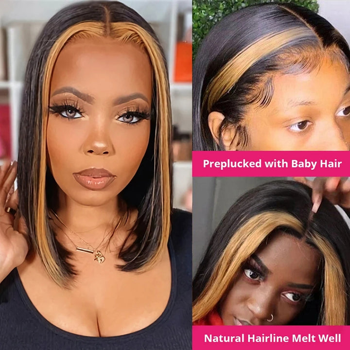 Model Wearing Ishow Skunk Stripe 1B/27 Short Bob Wig With Highlights and Natural Hairline