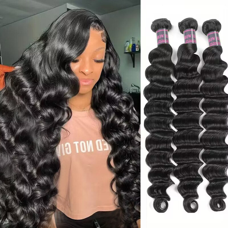 Woman with Brazilian Loose Deep Wave human hair in two views, showcasing glossy, thick, and soft curls, wearing a brown sweater and white top.