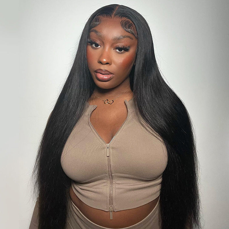 Model Showcasing Long Straight Black Hair Wig With Natural Look