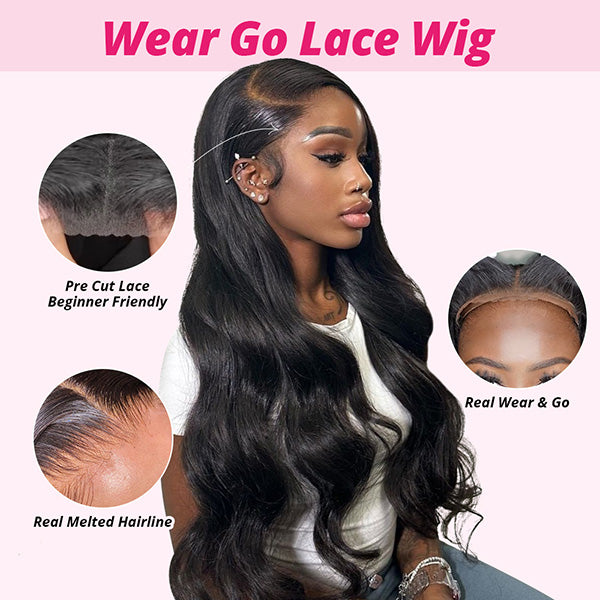Model Displaying Wear Go Lace Wig With Pre-Cut Lace and Body Wave Hairstyle