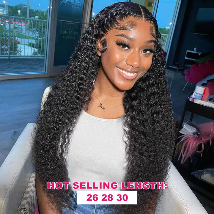 Model With Deep Wave Lace Front Wig Next to Hair Bundles for Sale