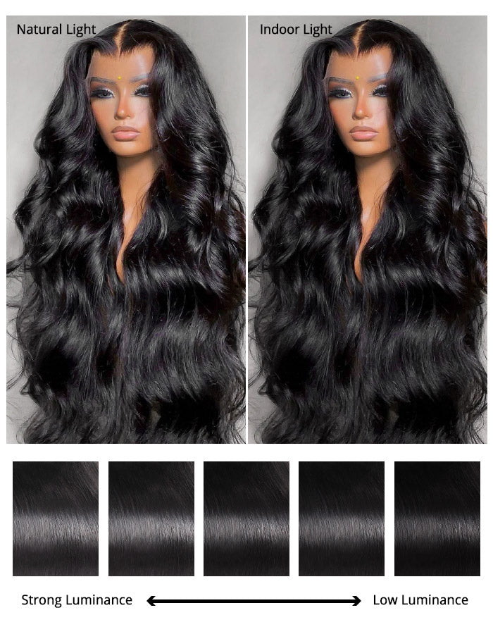 Comparison of Body Wave Wig in Natural and Indoor Lighting With Shine Levels