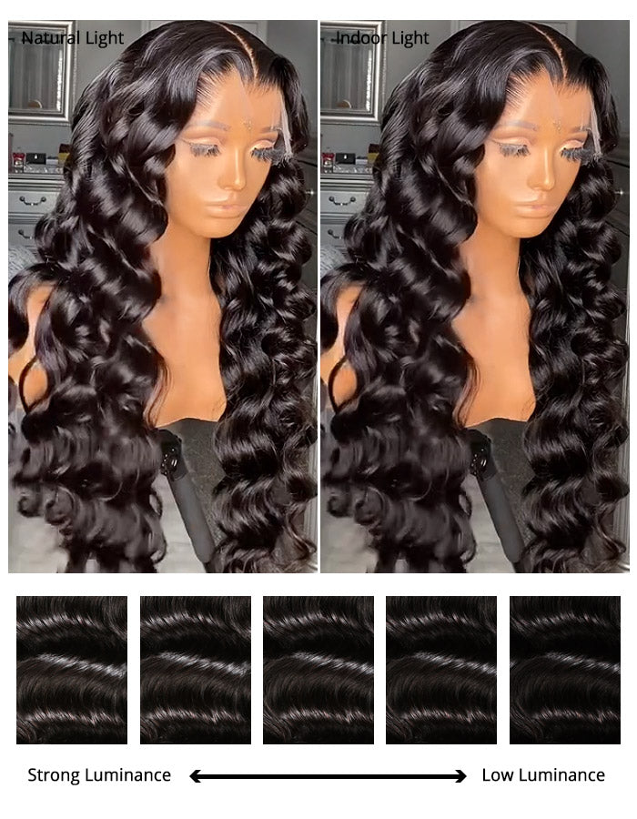 Loose Deep Wave Full Lace Wig in Natural Black Under Different Lighting Conditions