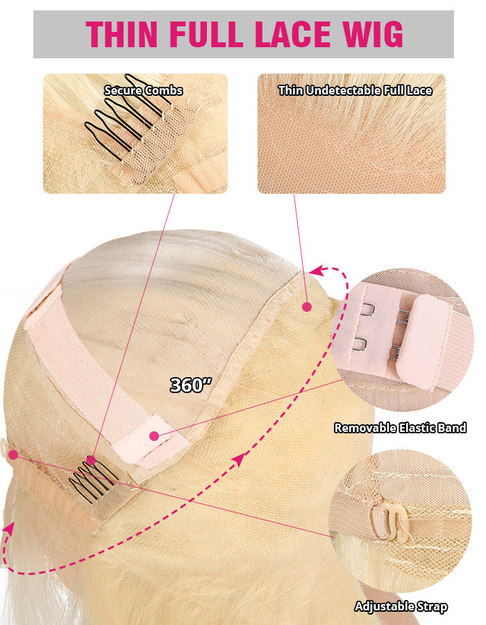 Back View of 613 Full Lace Wig Showing Secure Combs, Adjustable Strap, and 360-Degree Lace Cap