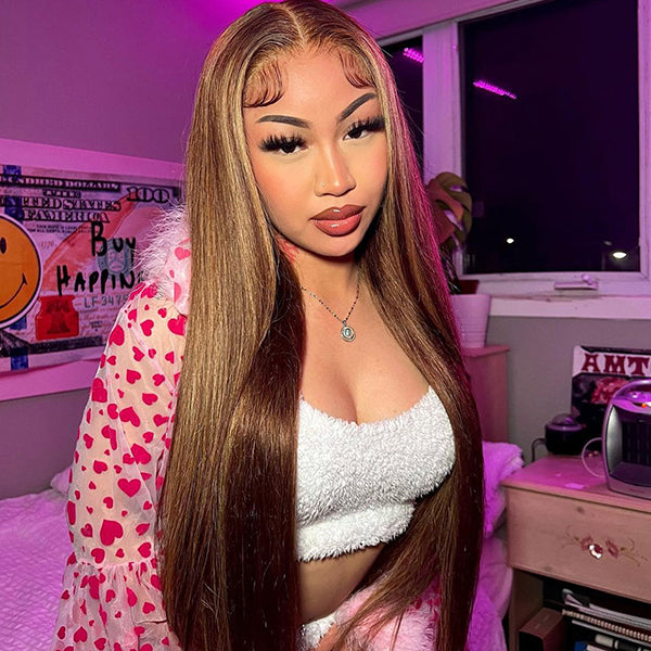 Woman With Long Highlight Brown Straight Hair in a Cozy Outfit, Pink Room Lighting