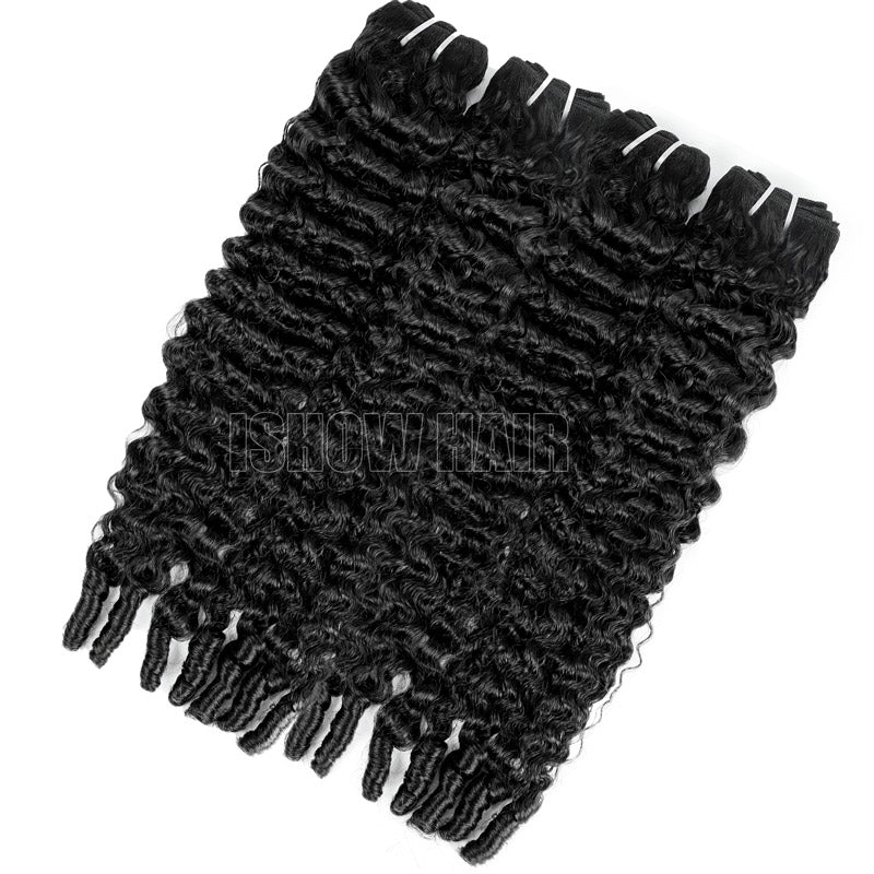 Four natural black human hair bundles on a white background