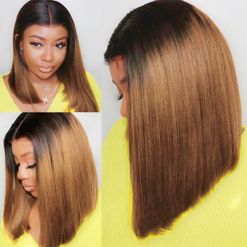 Model Showcasing T1B/30 Straight Bob Wig in a Sleek, Ombre Style With Natural Makeup