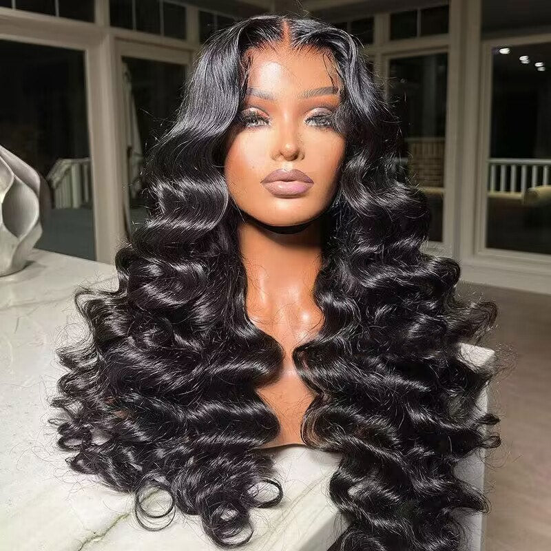 Body Wave Human Hair Wig On Mannequin With Long Black Curls