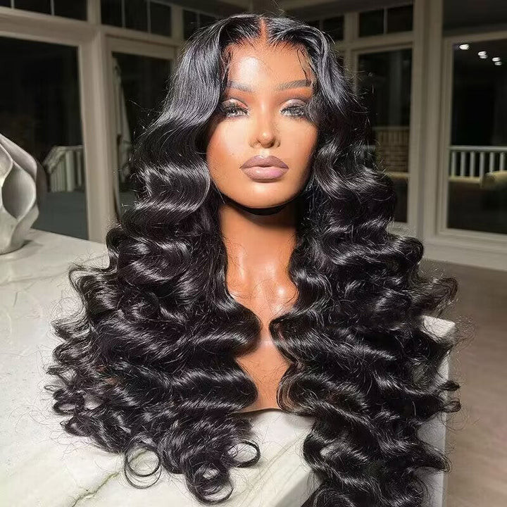 Body Wave Human Hair Wig On Mannequin With Long Black Curls