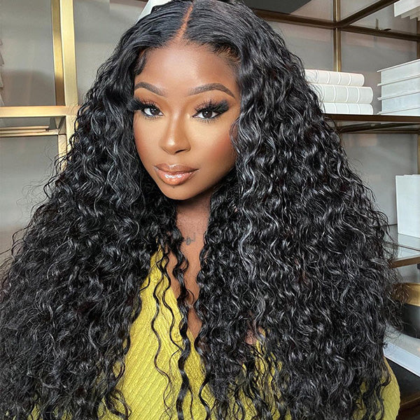 Model Displaying Ishow Hair Deep Wave Lace Frontal Wig in Natural Black Color
