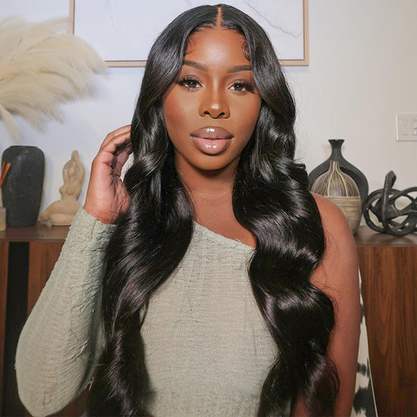 Model With Body Wave Wig Showing Natural Style and Hairline in Elegant Setting