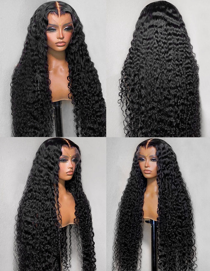 Natural Black Deep Wave Full Lace Wig Displayed From Multiple Angles On Mannequin Head