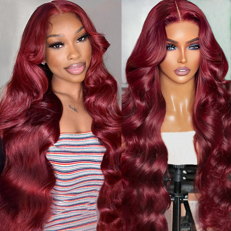 Woman modeling Ishow 32 inch 99J burgundy straight HD transparent lace front wig, showcasing its sleek and vibrant color.
