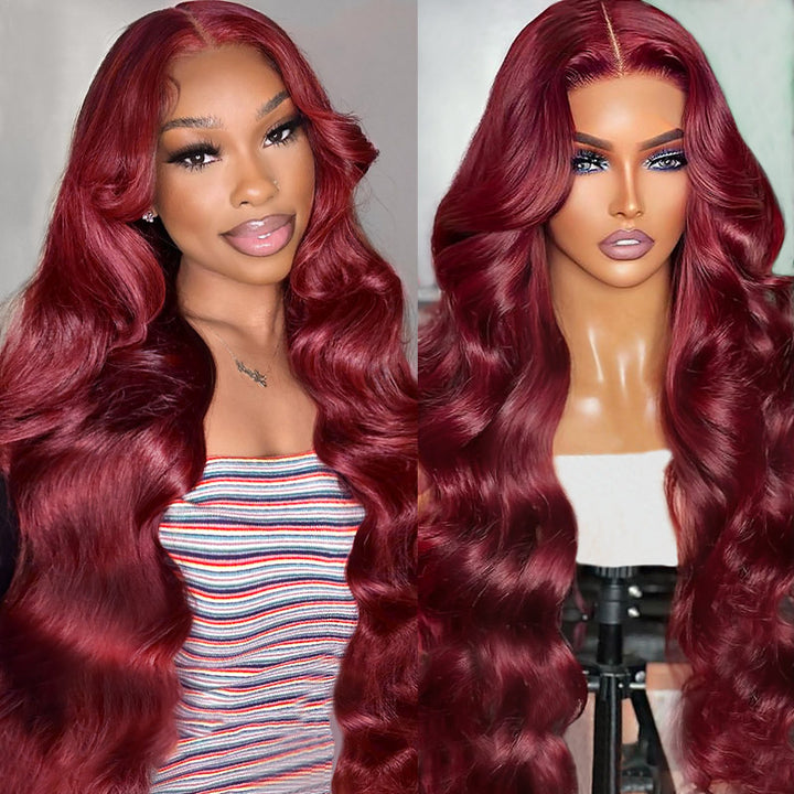 Woman modeling Ishow 32 inch 99J burgundy straight HD transparent lace front wig, showcasing its sleek and vibrant color.