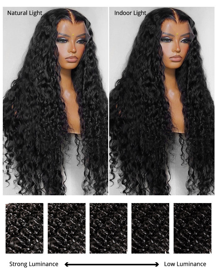 Water Wave Full Lace Wig Model Under Natural and Indoor Lighting, Highlighting Texture