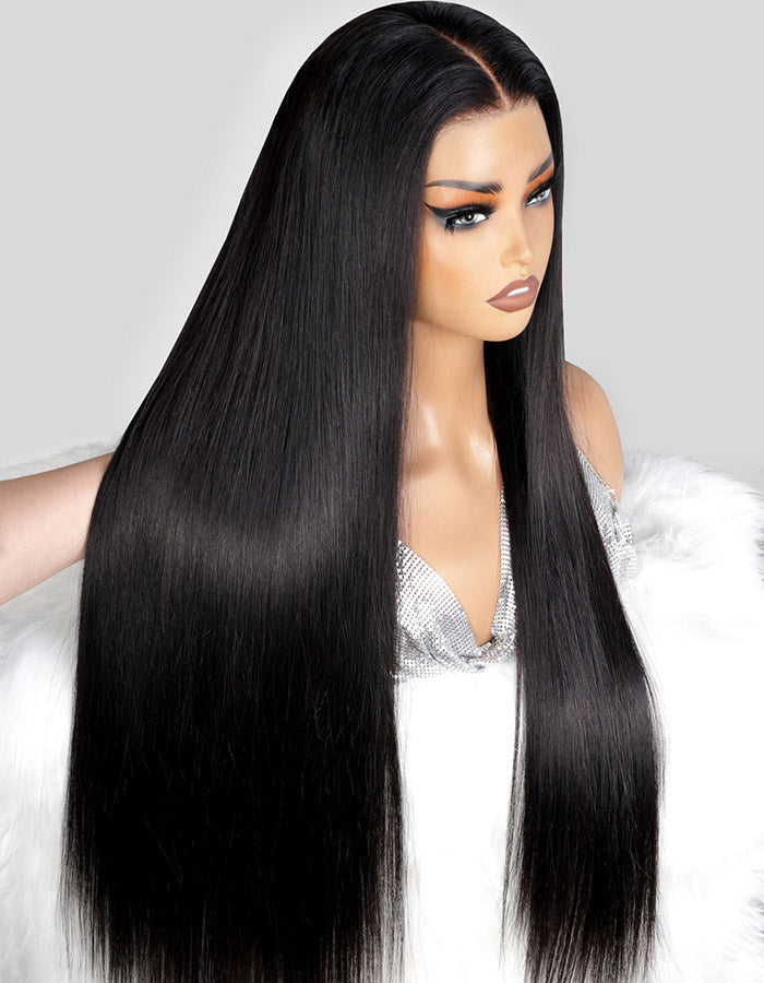 Sleek, Straight 30-Inch Black Wig With a Glossy Finish and Luxurious Shine