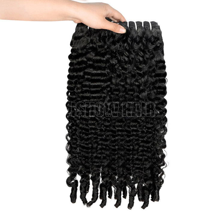 Burmese curly 4 hair bundles held by a hand on a white background