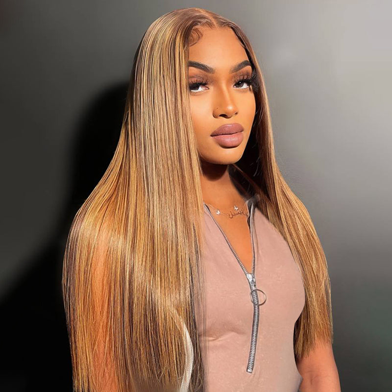 Woman wearing Ishow Beauty P4/27 highlighted wig with pre-plucked hairline and long straight hair, dressed in a black halter top.