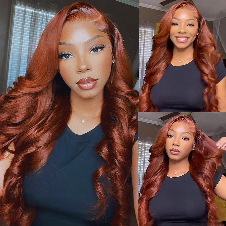 Model With Dark Copper Ginger Brown Loose Body Wave Wig, Styled Wavy