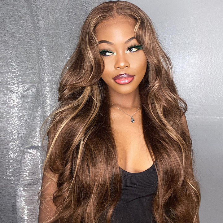 Model showcasing P4/27 highlighted honey blonde body wave custom wig, 100% human hair, pre-plucked and ready to wear, by Ishow Hair.