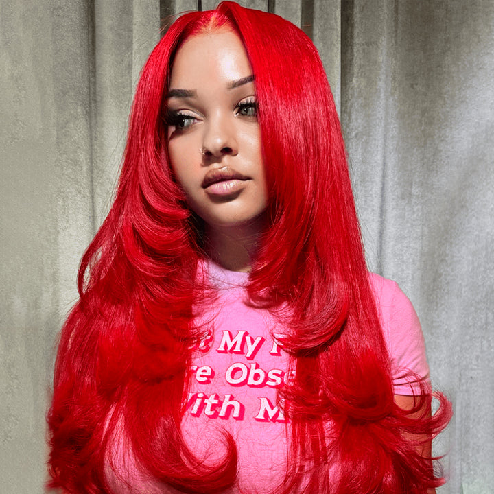 Ishow Red Color Layered Cut Wig Straight/Body Wave 5x5 Lace Glueless Wig 13x4 Lace Front Pre-Everything Human Hair Wigs