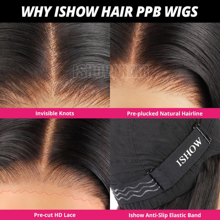 Collage of Ishow Hair PPB Wig Features: Invisible Knots, Pre-Plucked Hairline, HD Lace