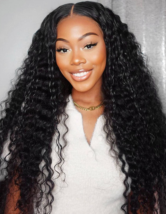 Smiling Woman Wearing Ishow Water Wave Hair Wig With Natural Black Curls