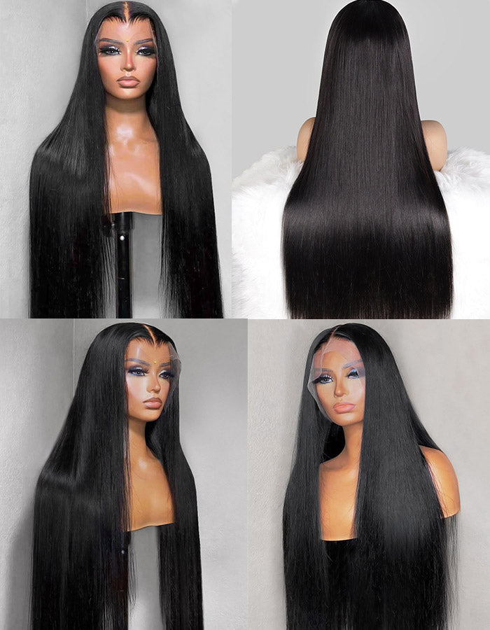 Straight Long Black Full Lace Wig On Mannequin With Pre-Plucked Hairline