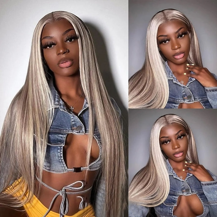 Woman Showcasing Ishow P18/613 Straight HD Lace Hair Wig in Blonde With Denim Top