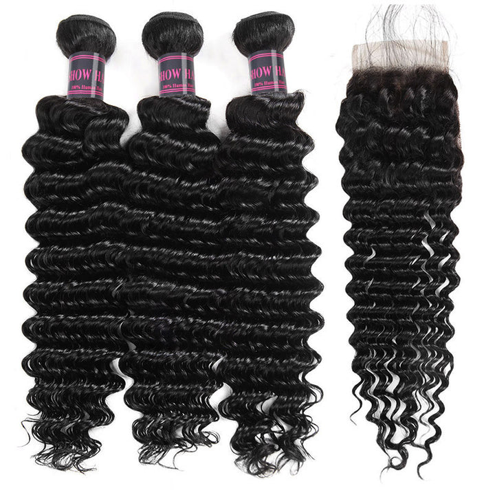 Three Jet Black Body Wave Hair Bundles With a Matching 4X4 Lace Closure