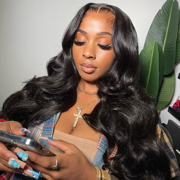 Woman Applying Makeup With Body Wave Wig, Showcasing Natural Hairline and Style