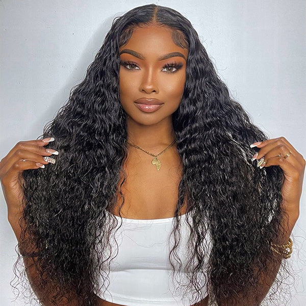 Model Wearing Long Water Wave Glueless Wig With Natural Look and Defined Curls