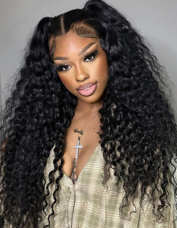 Model Showcasing Long Deep Wave Natural Black Full Lace Wig With Defined Curls