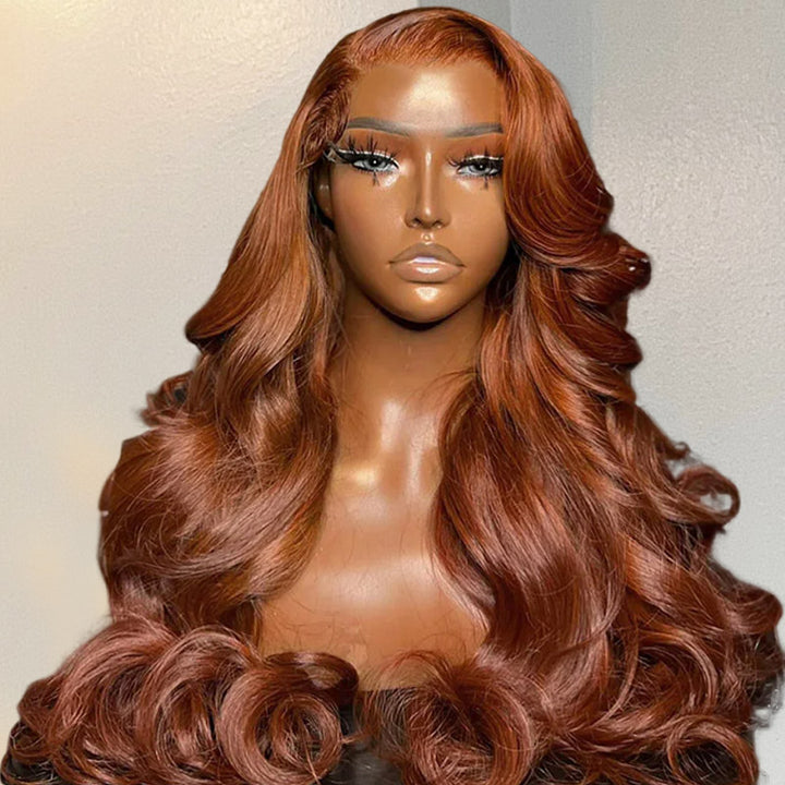 Dark Copper Ginger Brown Body Wave Wig Styled in Soft Curls On a Mannequin