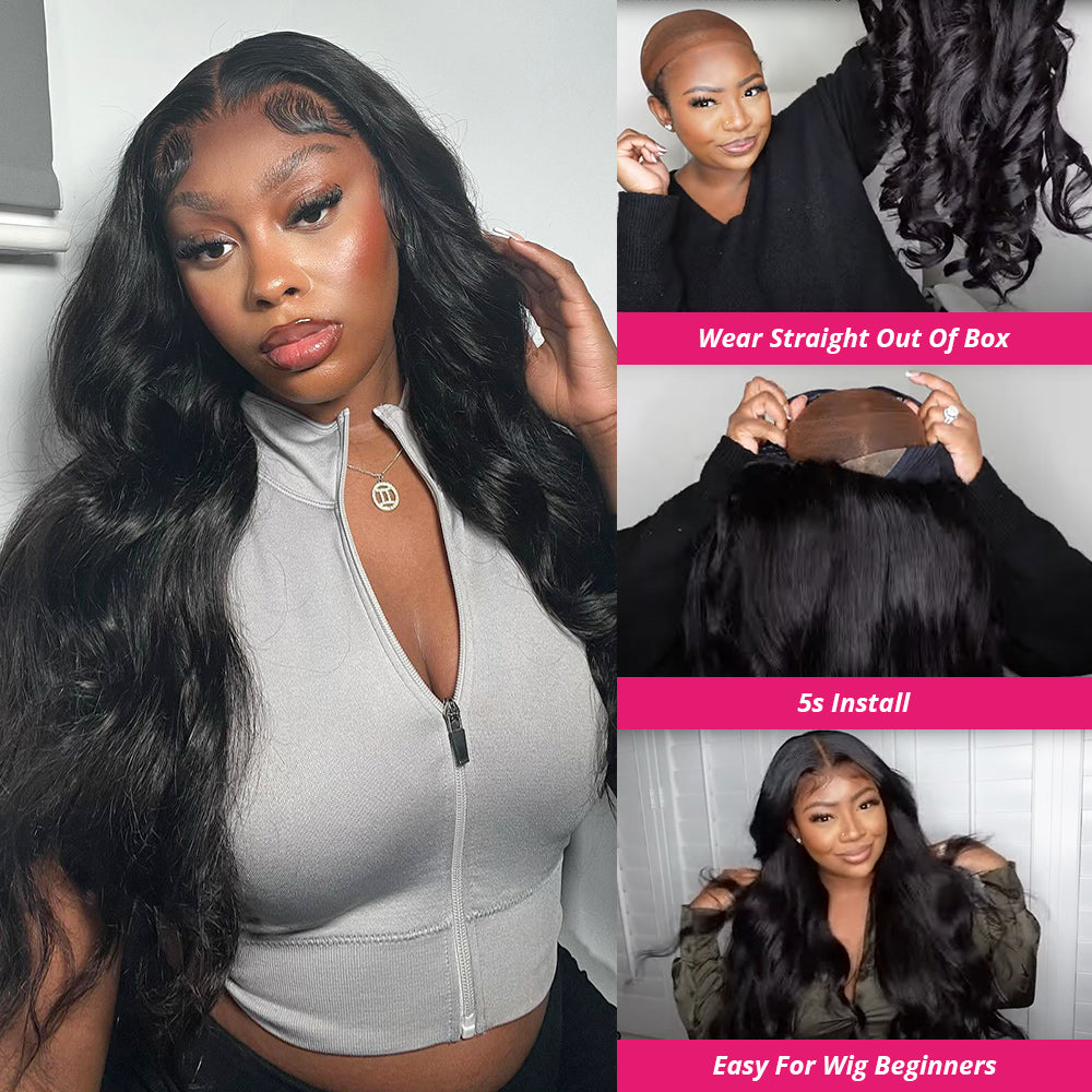 Model With Body Wave Black Wig and Red Top, Showcasing Easy Styling Options