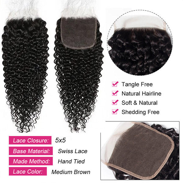 5X5 Lace Closure With Soft Kinky Curly Hair Texture, Tangle-Free and Natural Hairline