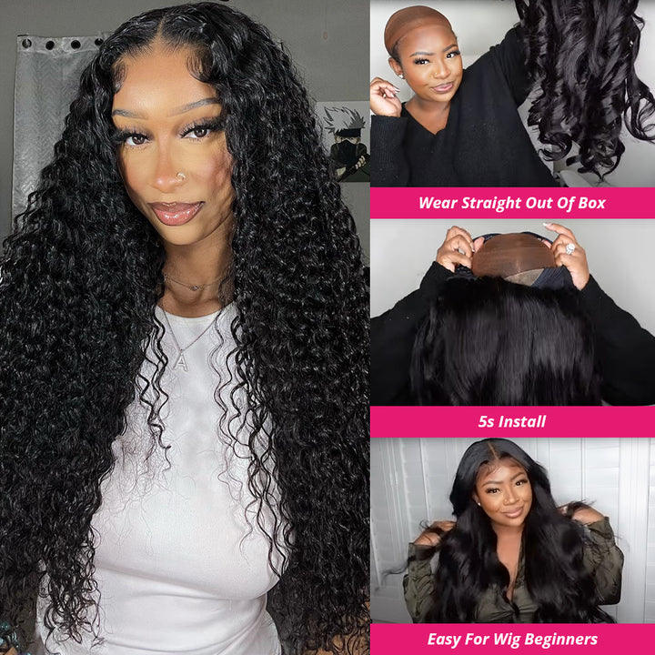 Model With Natural Black Deep Wave Wig Demonstrating Easy Installation and Styling