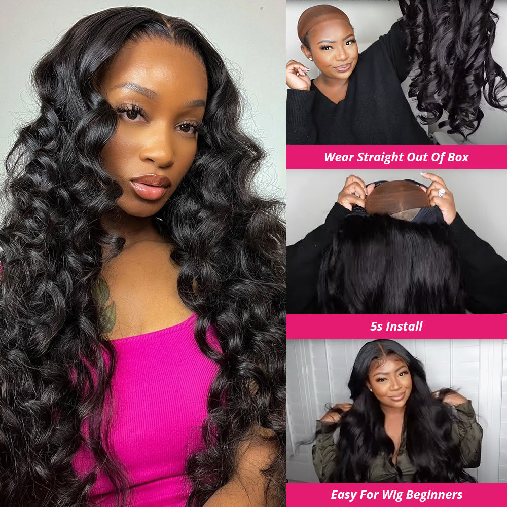 Loose Deep Wave Wig Displayed On Model With Installation Guide for Beginners