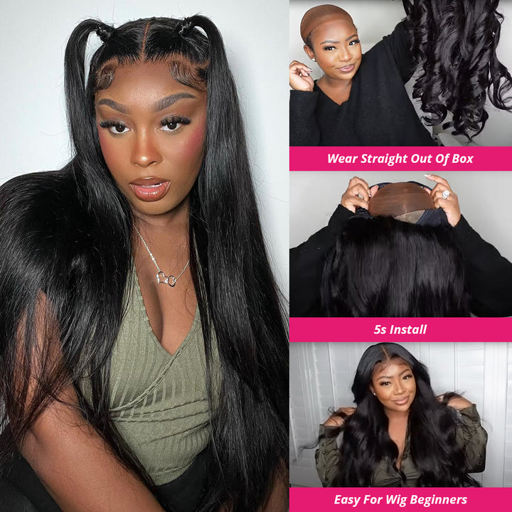 Model With Long Sleek Black Hair Wig Demonstrating Easy Wear and Styling Options
