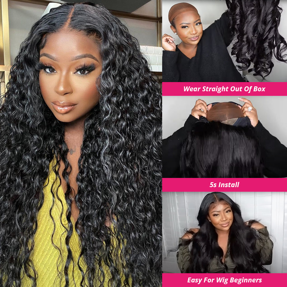Model Wearing Long Water Wave Wig in Natural Black, Demonstrating Easy Styling
