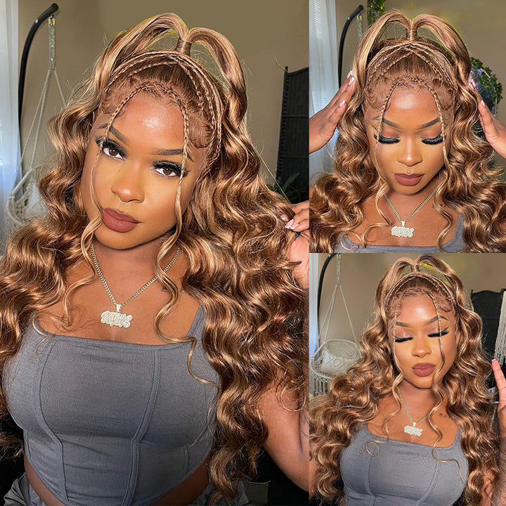 P4/27 Honey Blonde Highlights Lace Front Wig Styled in Soft Waves On Model