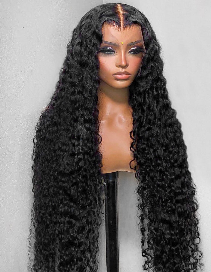 Long Deep Wave Natural Black Full Lace Human Hair Wig Displayed On a Mannequin Head
