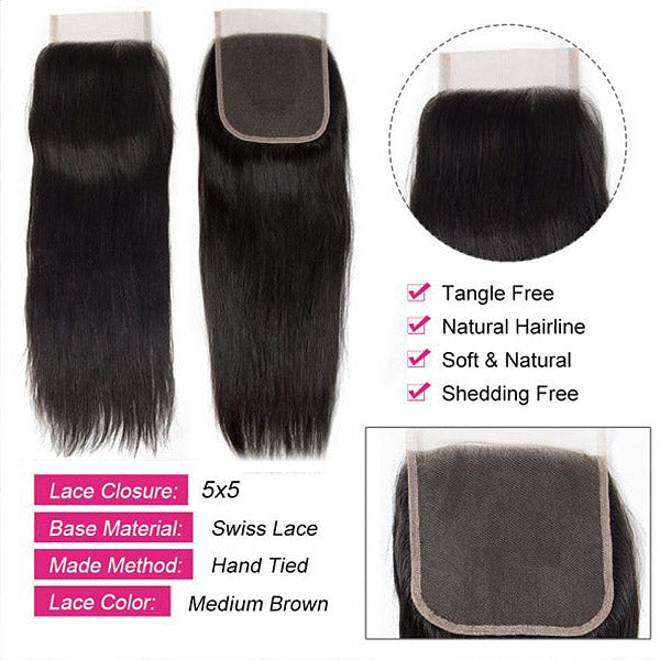 5X5 Lace Closure for Straight Hair, Tangle-Free and Soft With Natural Hairline