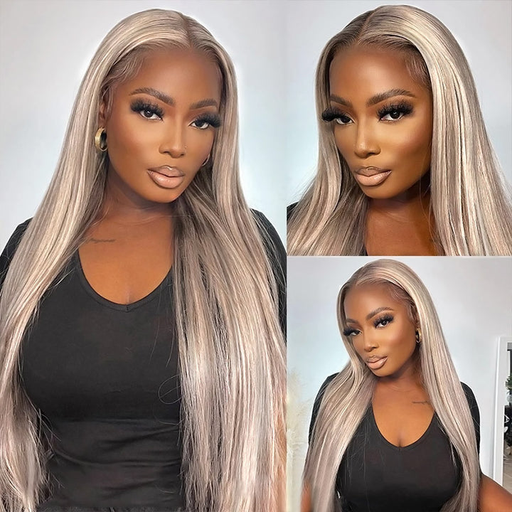 Woman in Black Top Modeling Straight HD Lace Wig With Blonde Highlights