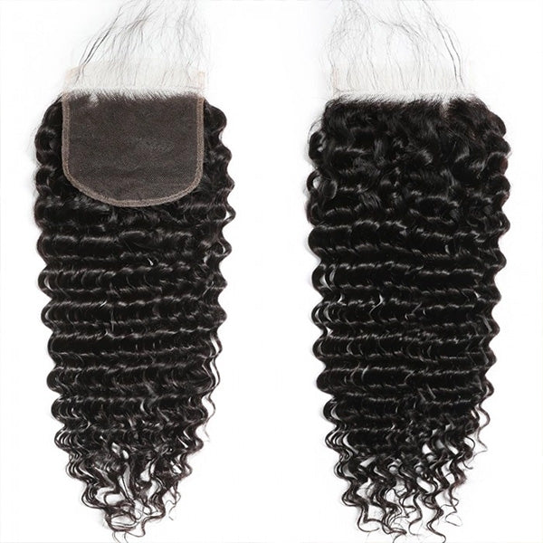Comparison of 4x4 inch and 5x5 inch deep wave lace closures in natural black human hair, featuring a free upgrade option with a pre-plucked natural hairline.