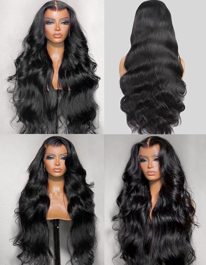 Long Black Body Wave Wig On a Mannequin, Highlighting Smooth, Shiny Waves