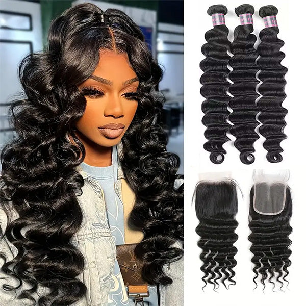 Woman with voluminous loose deep wave hairstyle in gold blouse, showcasing Ishow Hair Peruvian Loose Deep Wave Bundles with 5x5 Closure