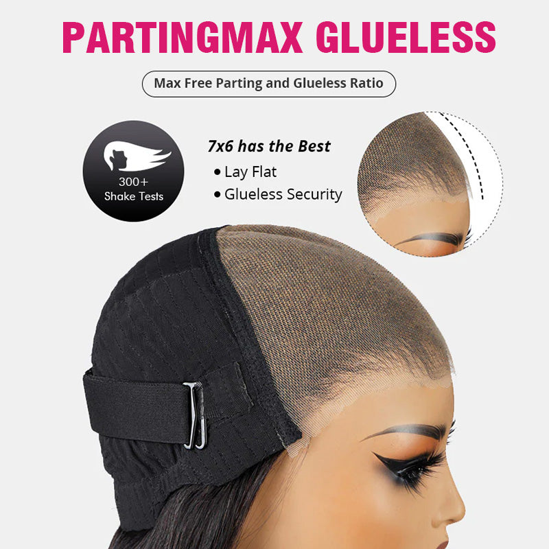 7x6 partingmax glueless hair wig feature with flat lay and glueless security