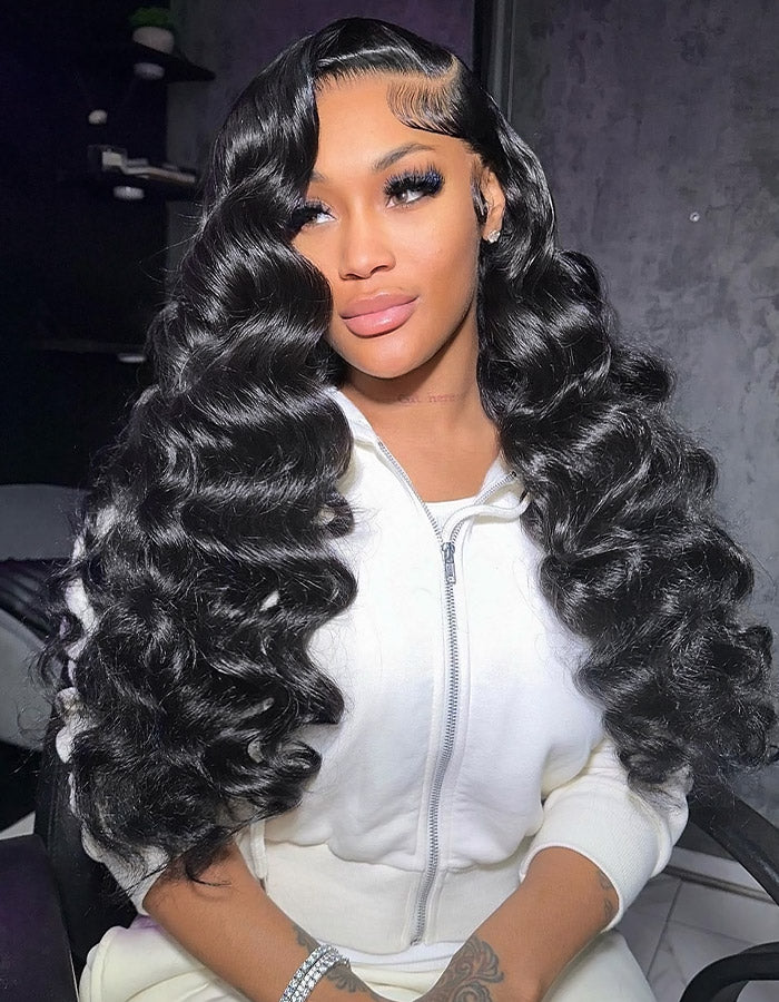 Woman With Long Loose Deep Wave Hair in a White Hoodie
