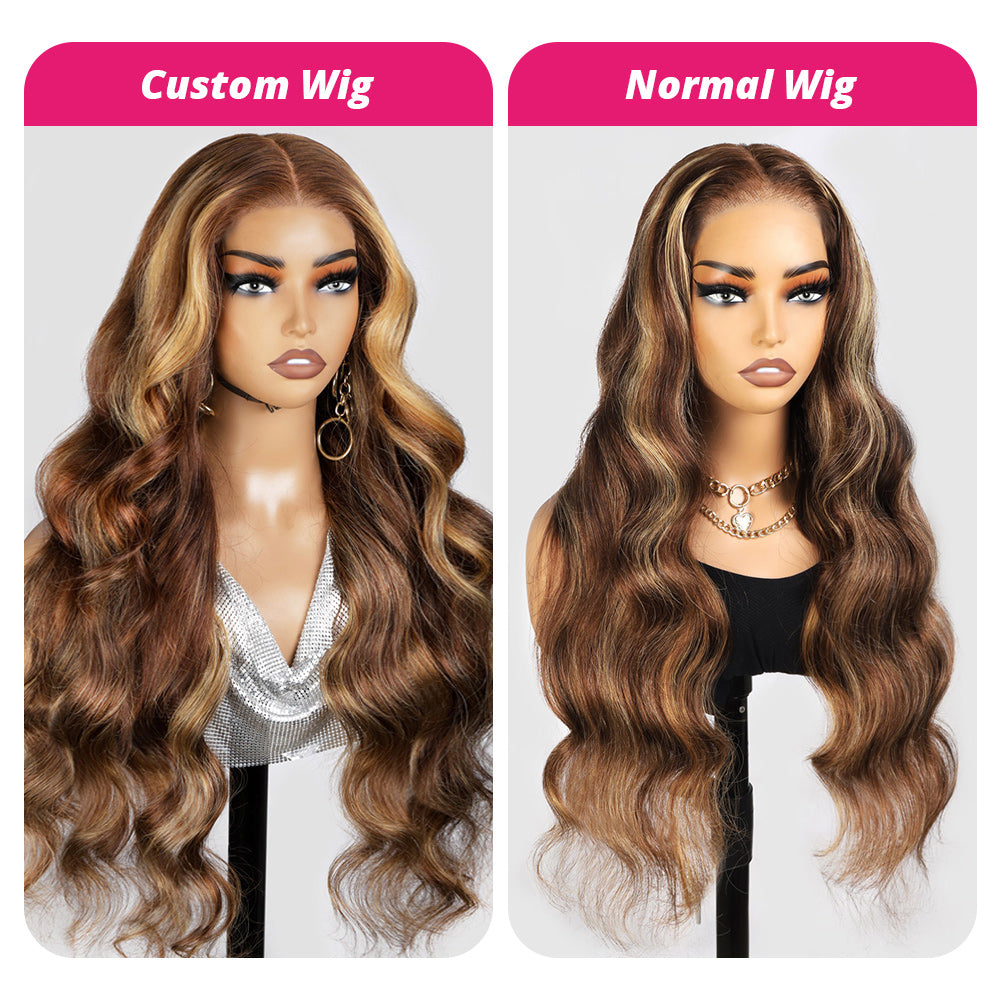 P4/27 Honey Blonde Body Wave Wigs: Custom Style On Left, Normal Style On Right